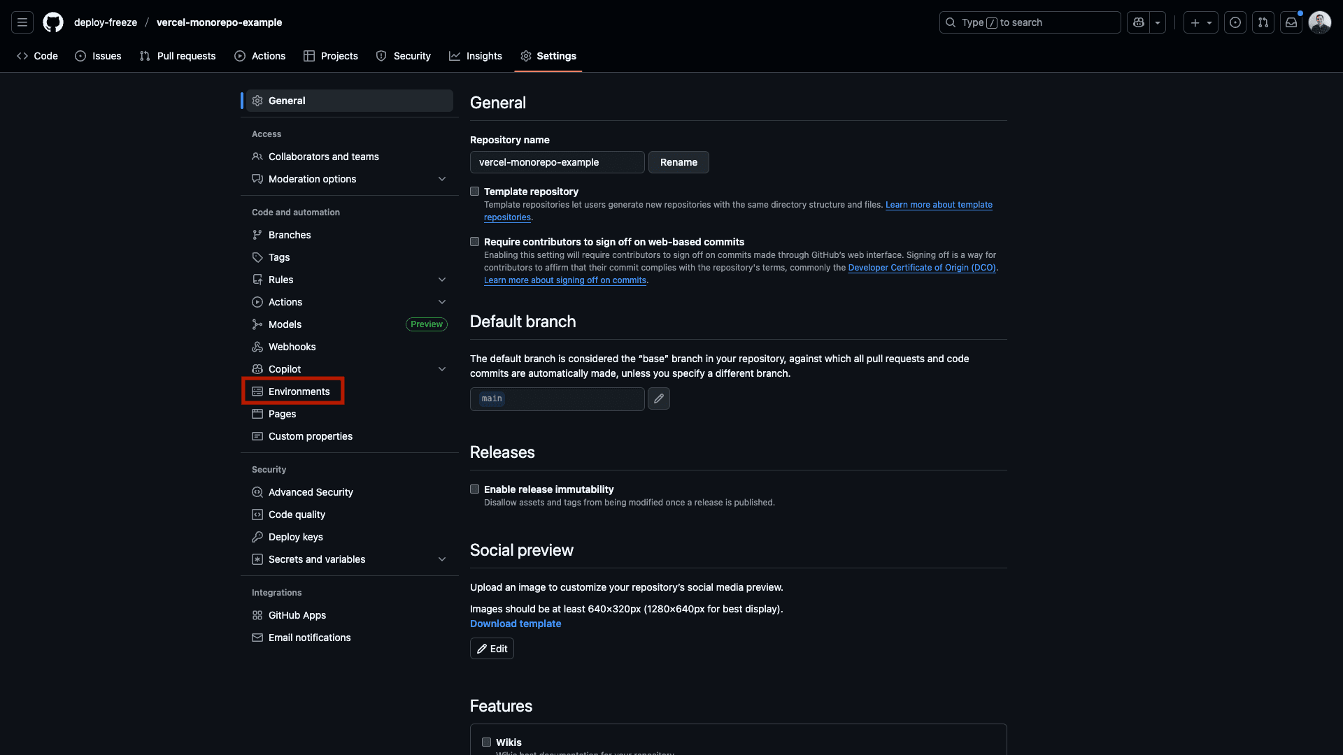Repository settings showing Environments option