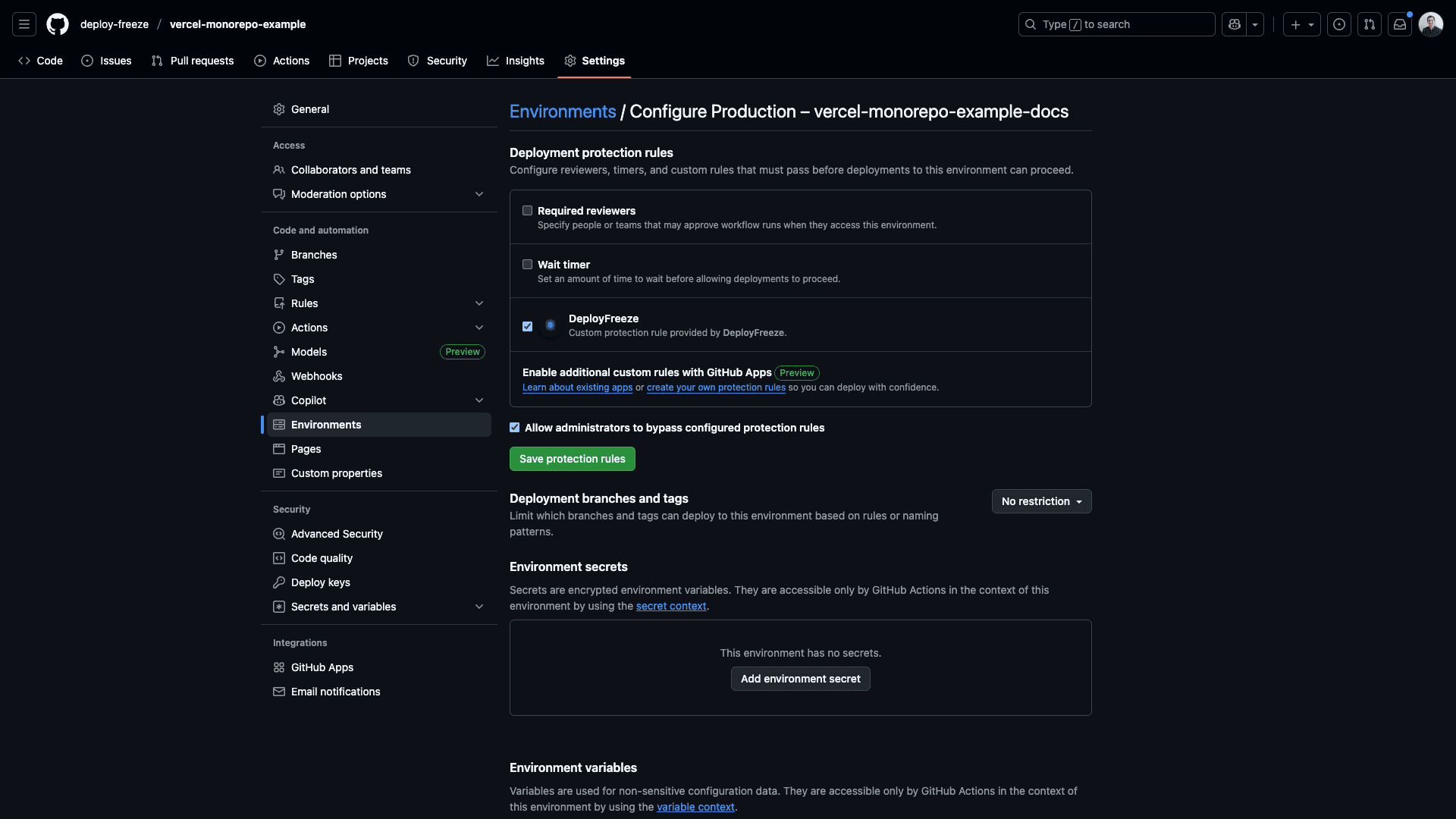 Enabling DeployFreeze deployment protection rule